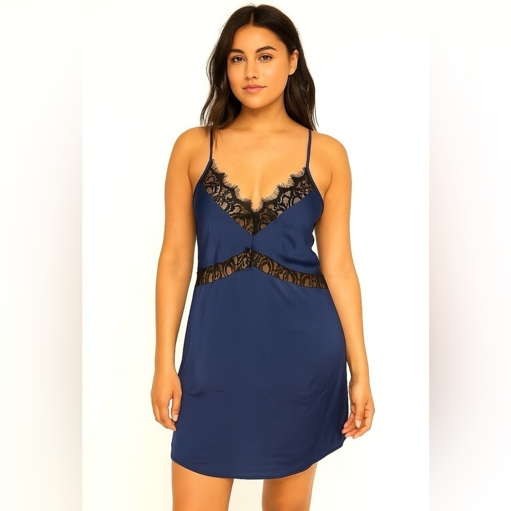 4SI3NNA Lace Trim Satin slip dress Chemise navy nightgown women’s romantic sz S